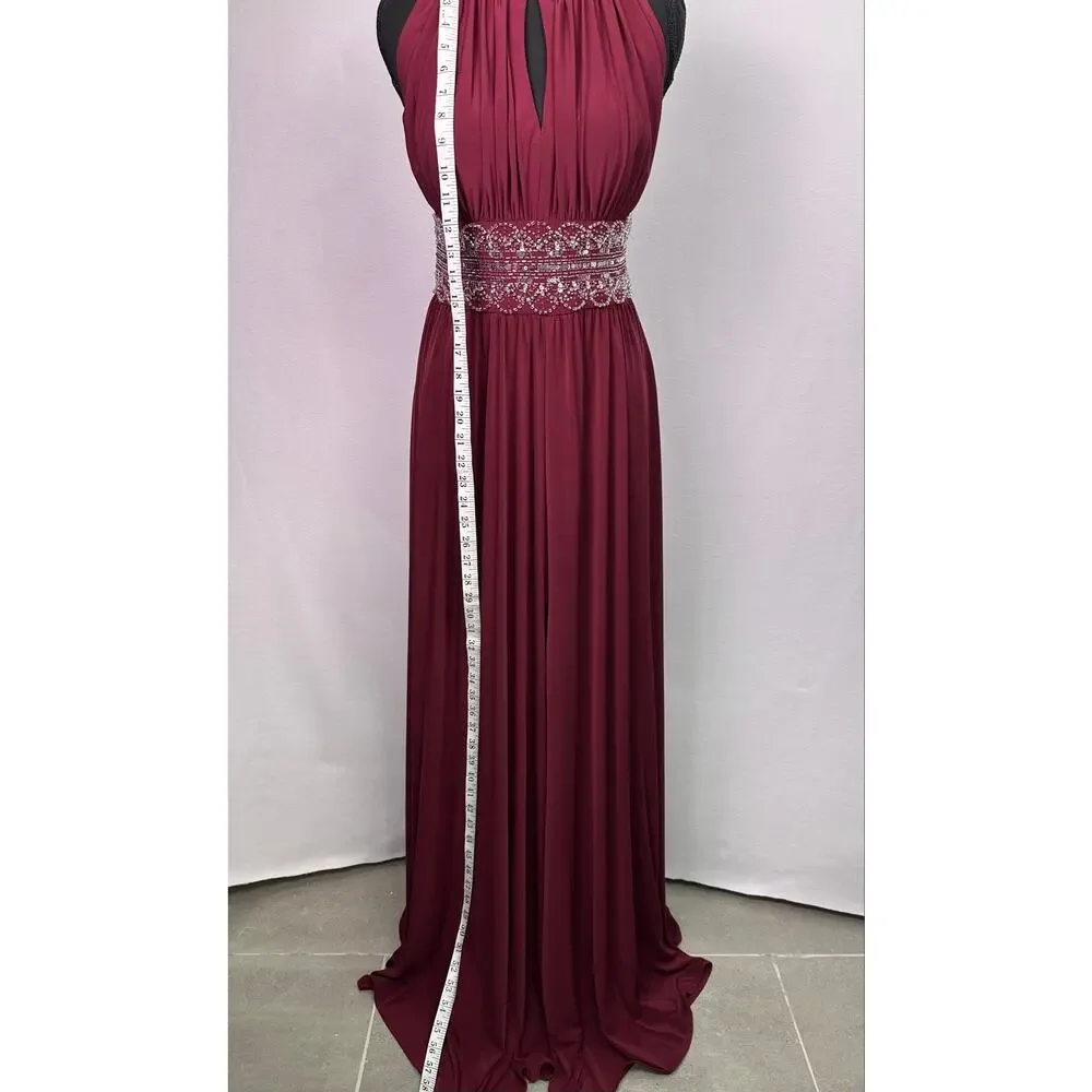 R&M Richards Wine Beaded Halter Evening Gown Keyhole Neck Maxi Dress Size 8 - Picture 5 of 15
